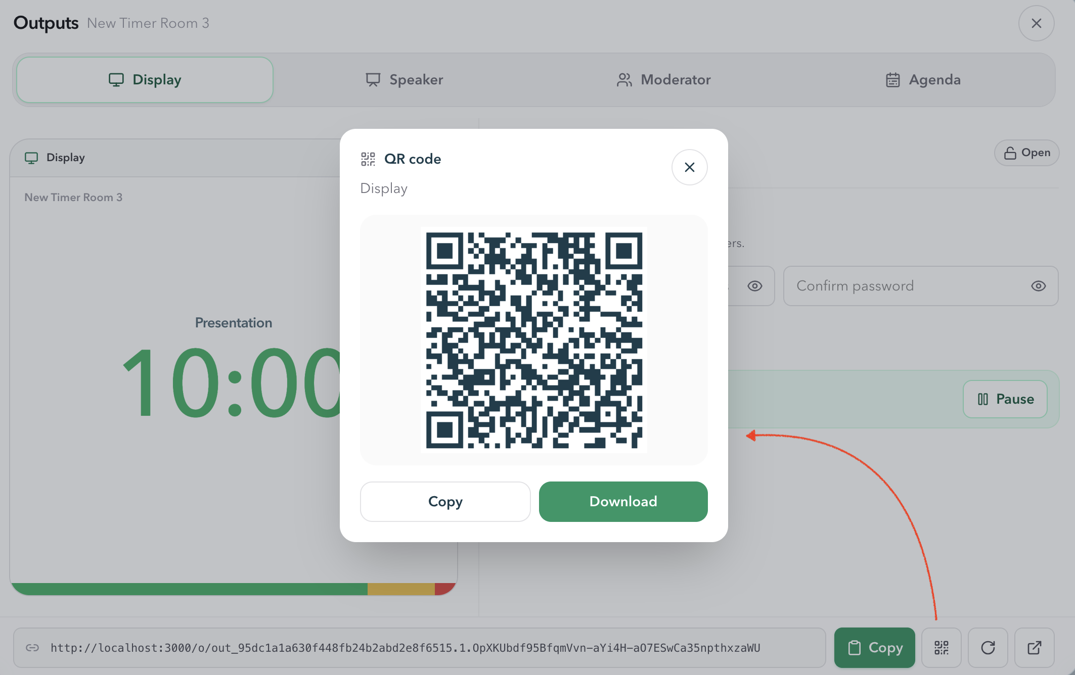 PresentationTimer QR code dialog for the Display Output with Copy and Download actions