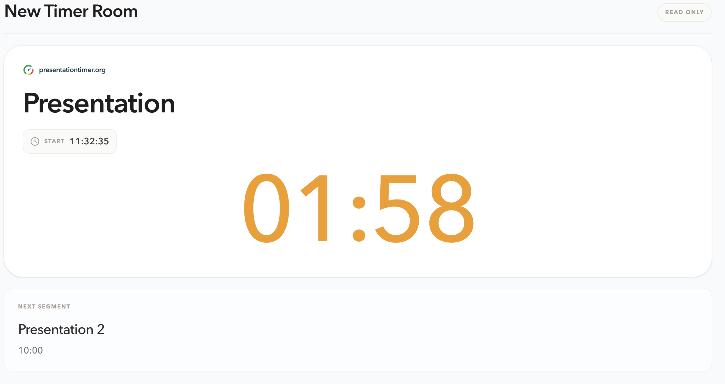 Desktop Speaker View showing Presentation as the current segment, a Start time of 11:32:35, an amber 01:58 remaining-time warning, and Presentation 2 as the next segment
