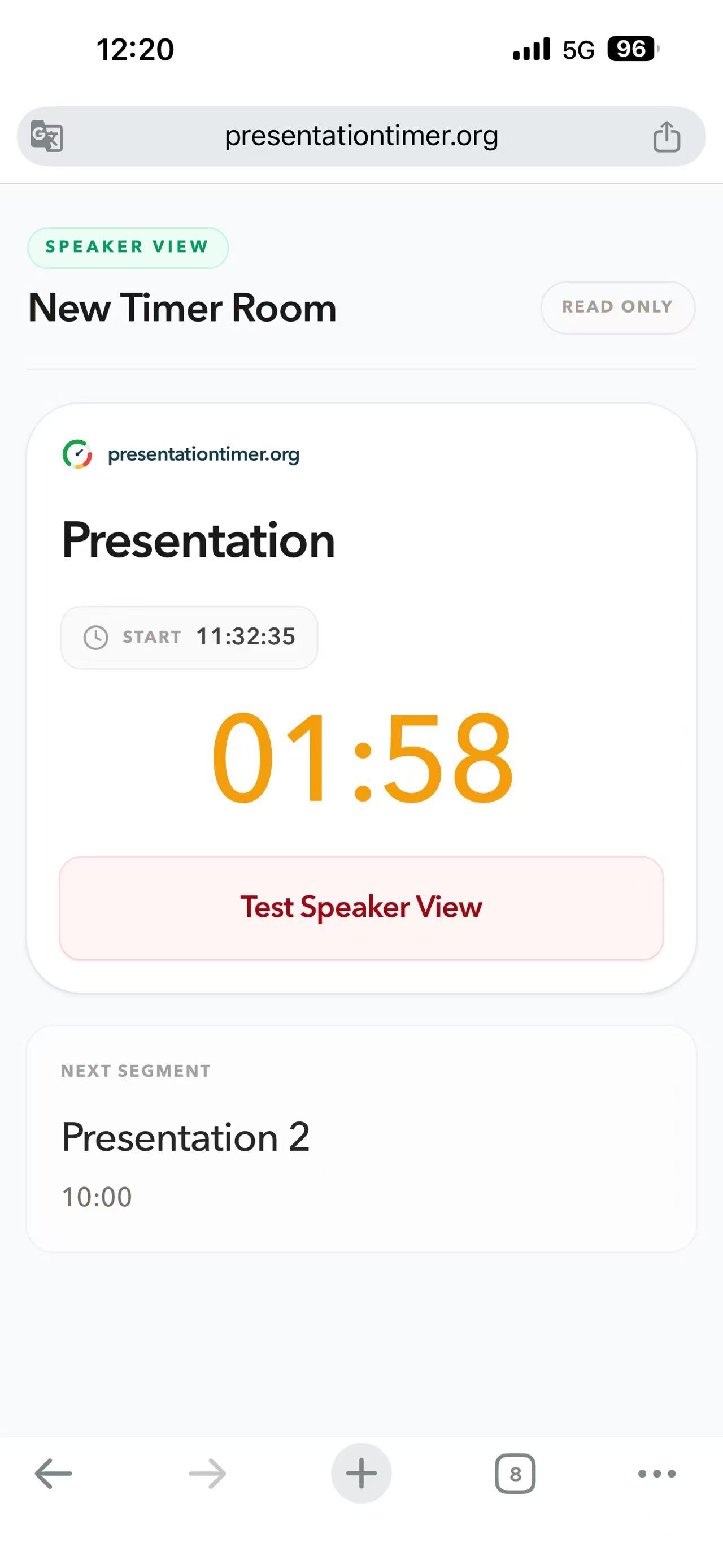 PresentationTimer Speaker View in a phone browser showing Read only, Presentation, an amber 01:58 timer, a Room-wide Test Speaker View message, and the next segment Presentation 2