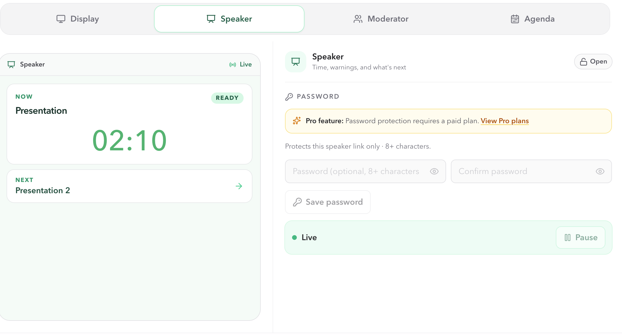 PresentationTimer Outputs dialog with the Speaker output selected, its preview on the left, and Speaker password protection settings on the right