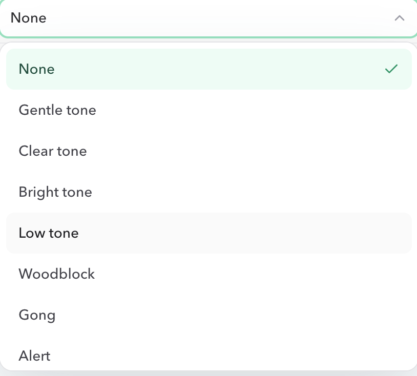PresentationTimer Chime selector opened with None and built-in tone options