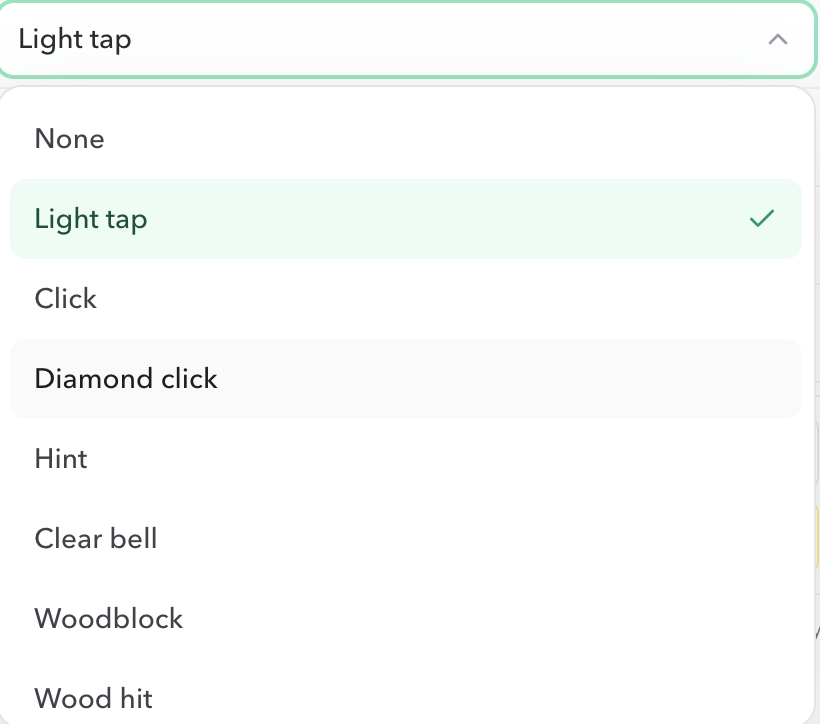 PresentationTimer Chime selector opened with Light tap selected among the current built-in tones