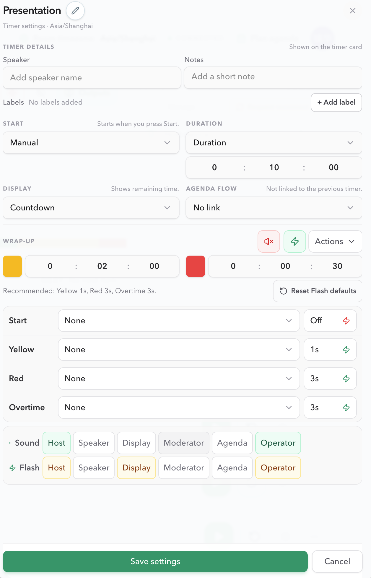 PresentationTimer timer settings with wrap-up chimes, flash durations, and role targets
