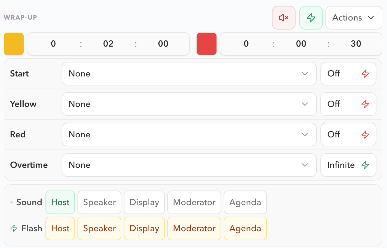 PresentationTimer Wrap-up editor showing Yellow and Red remaining-time values, stage rows, and Sound and Flash target roles