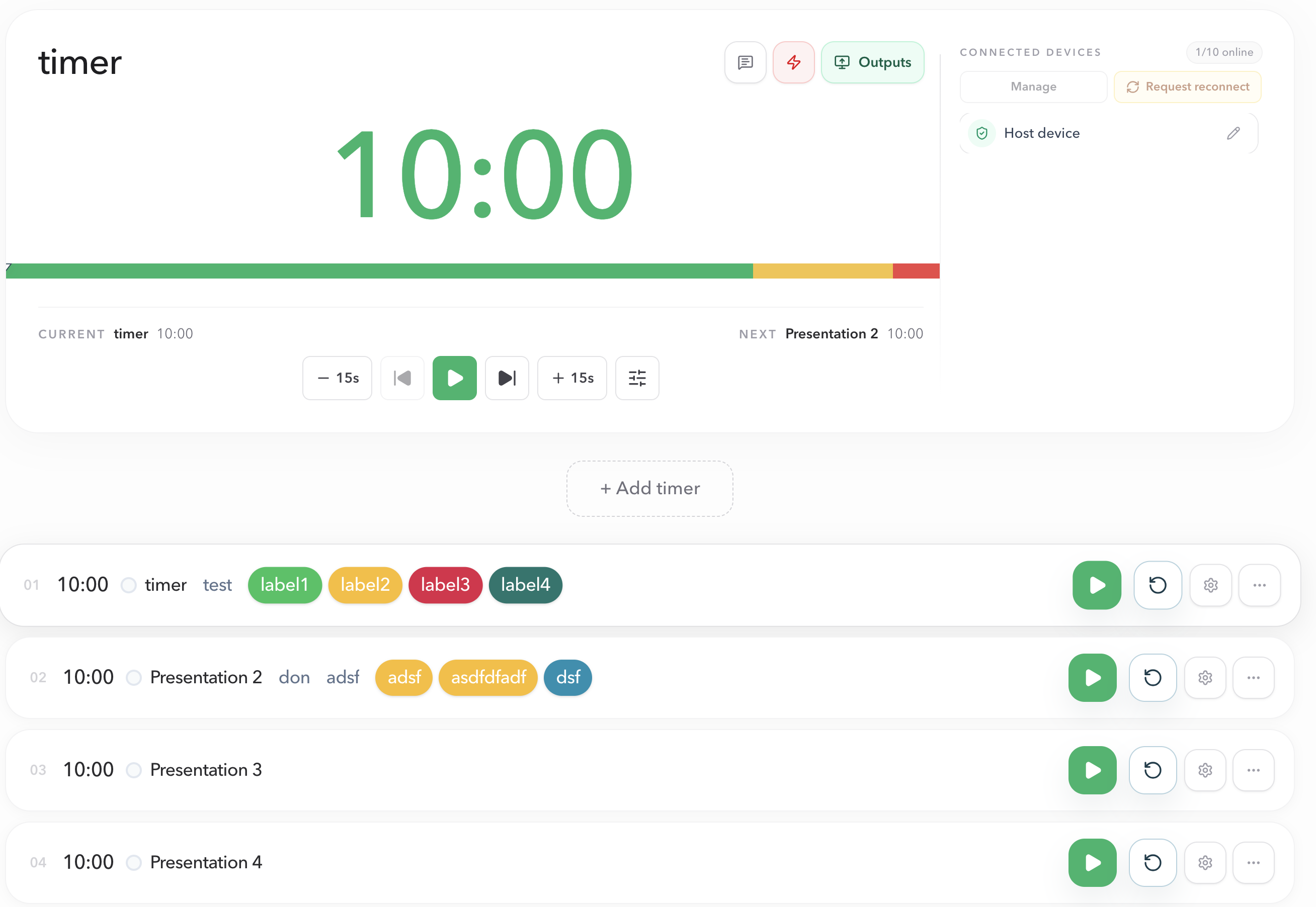 PresentationTimer Host workspace showing the current Timer, next Timer, Add timer control, and multiple Timer cards