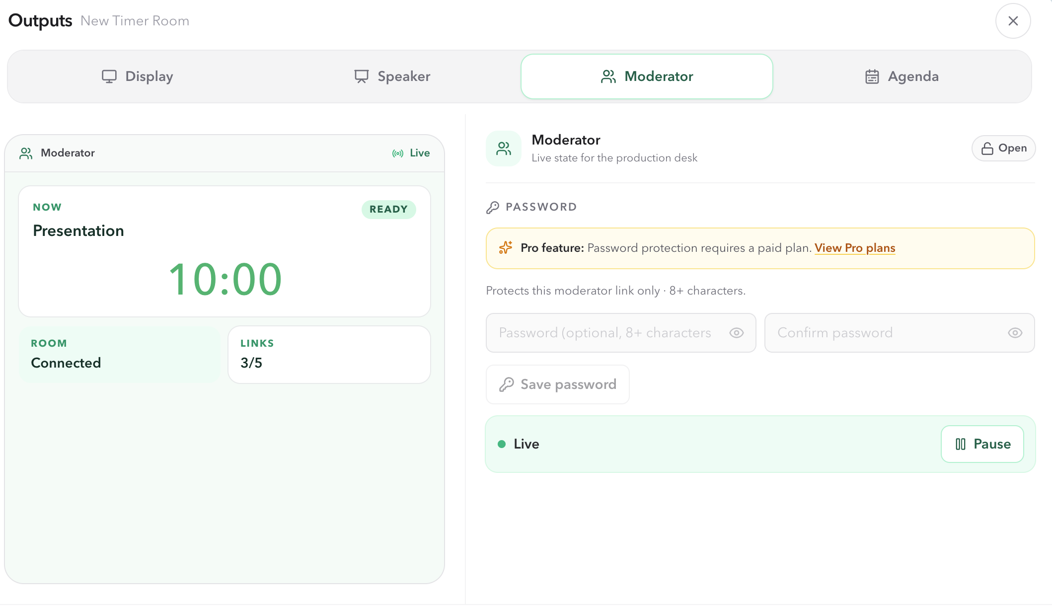 PresentationTimer Outputs dialog with distinct Display, Speaker, Moderator, and Agenda role tabs, with Moderator selected