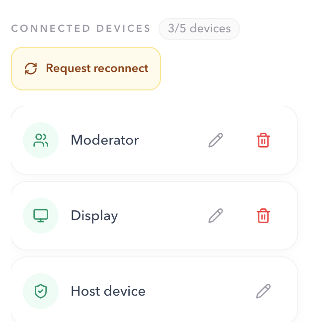 PresentationTimer Host Connected devices panel showing 3 of 5 devices, a Request reconnect button, Moderator, Display, and Host device entries