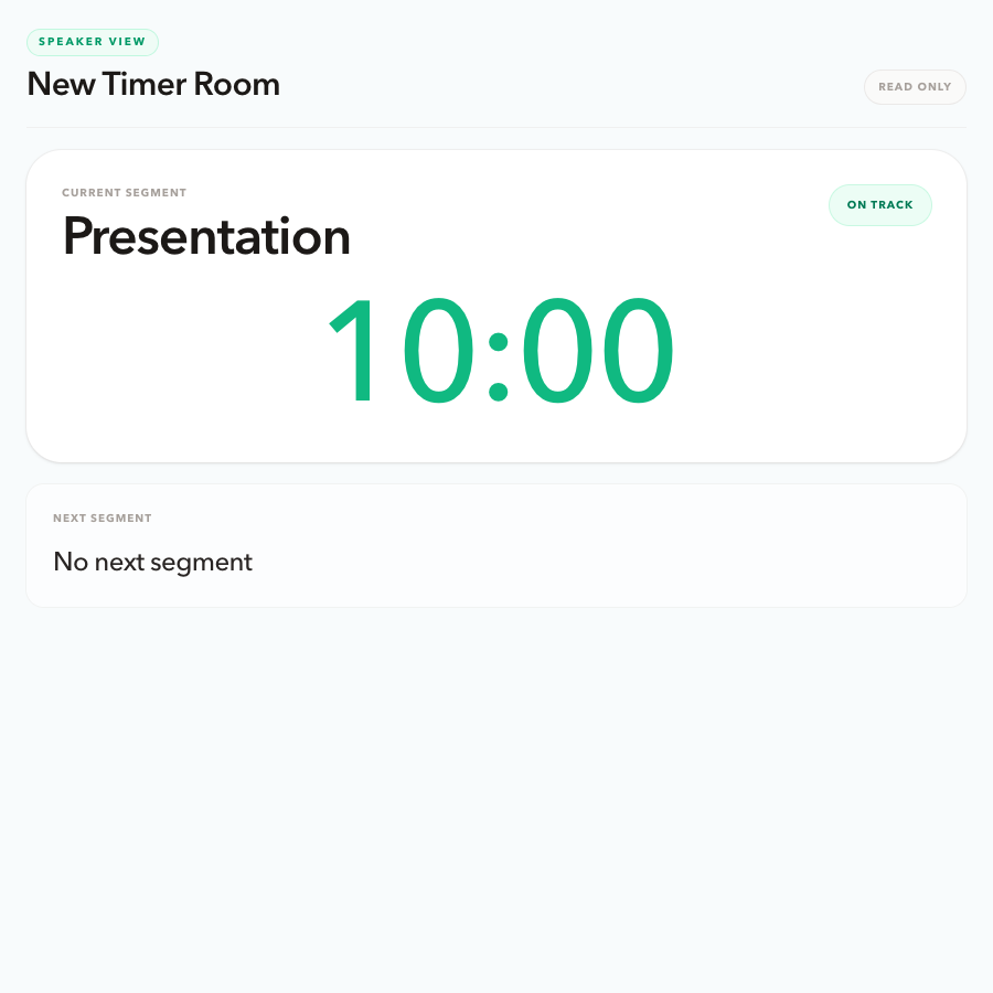 Speaker View showing the current segment, remaining time, and next segment