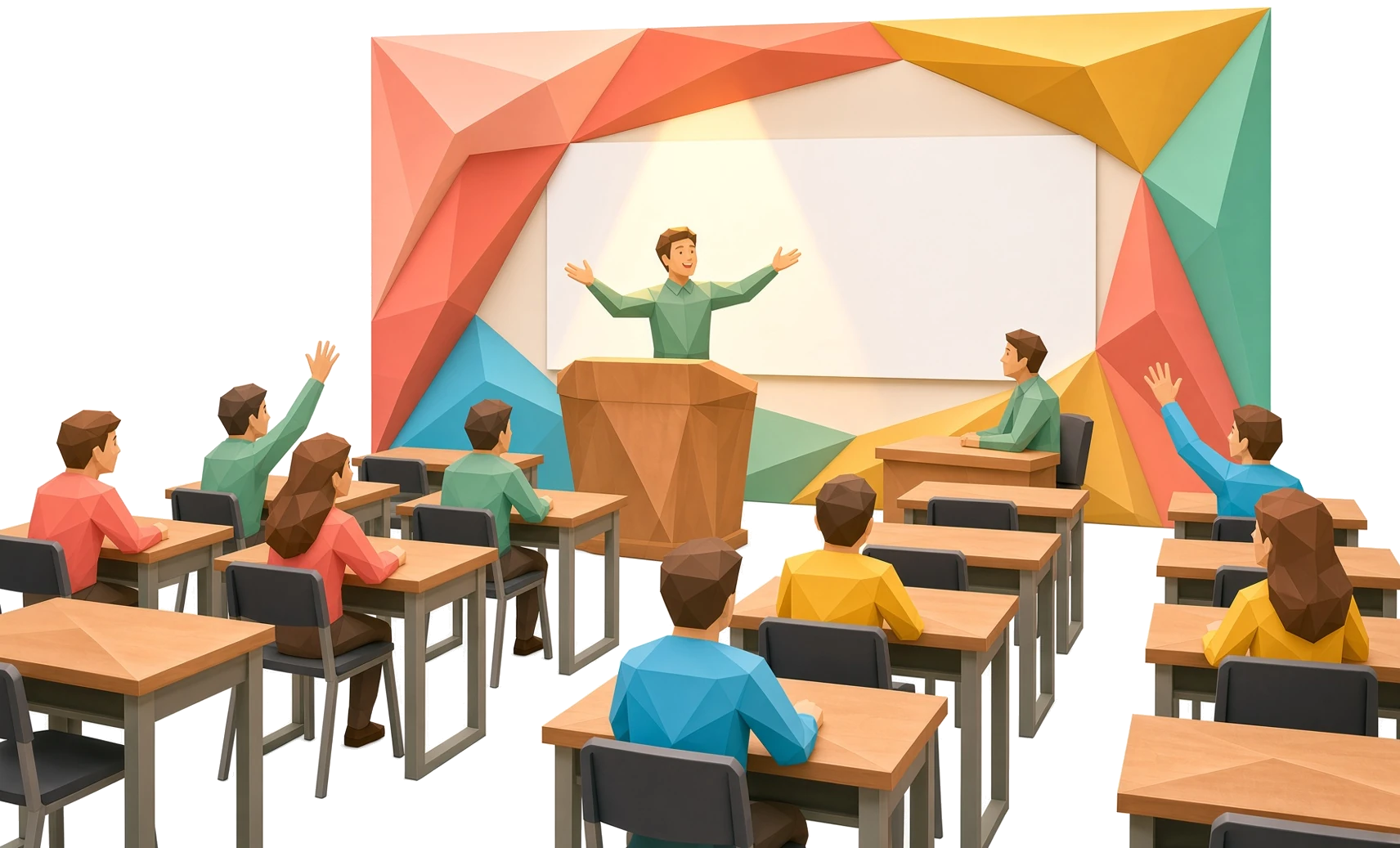 A teacher at a classroom podium presenting to students seated at desks, with a large display behind the podium